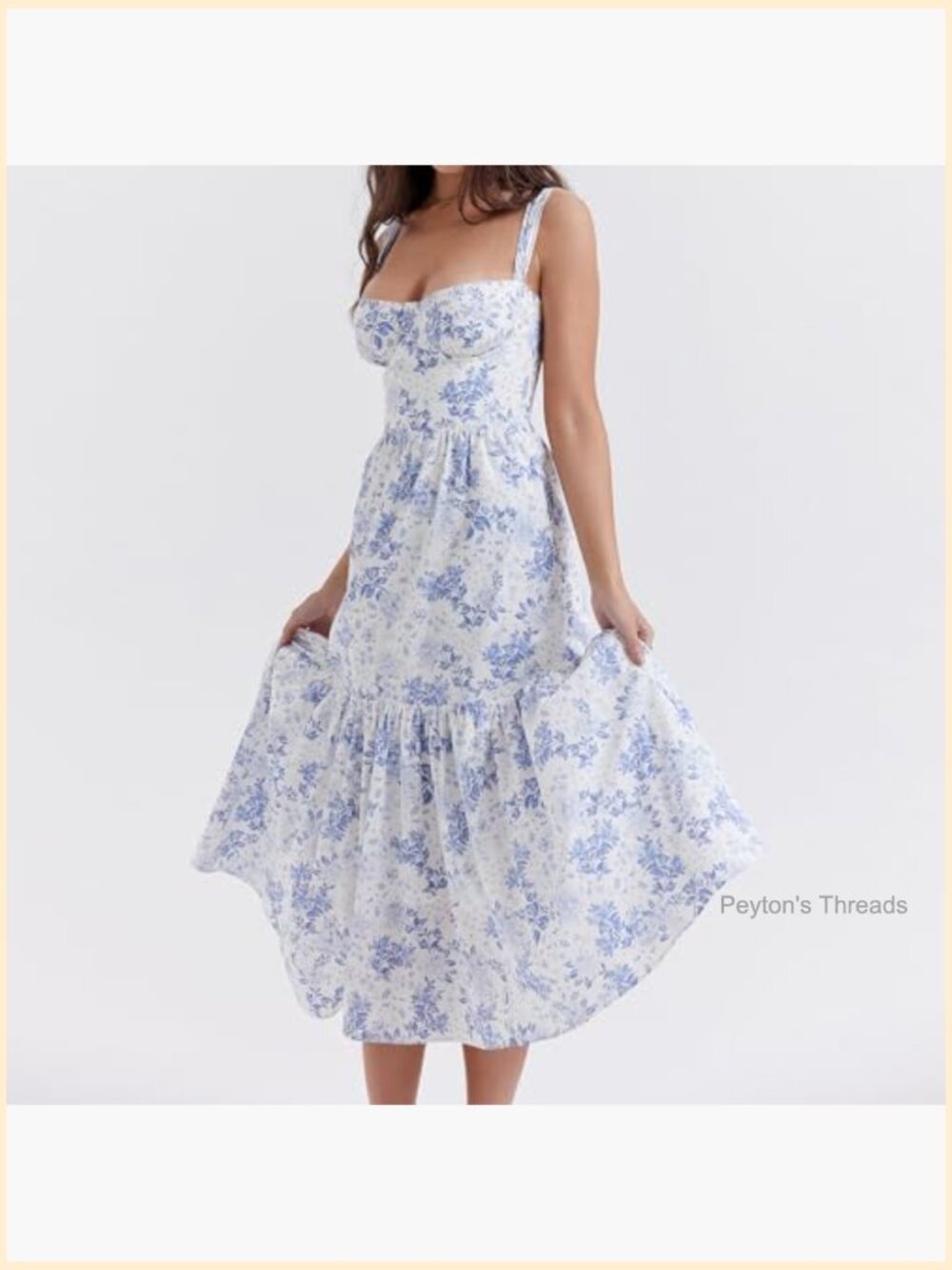 Floral Corset Midi Dress Spaghetti Strap Low Cut Flowy Pleated Hem Side Pockets - Picture 3 of 6